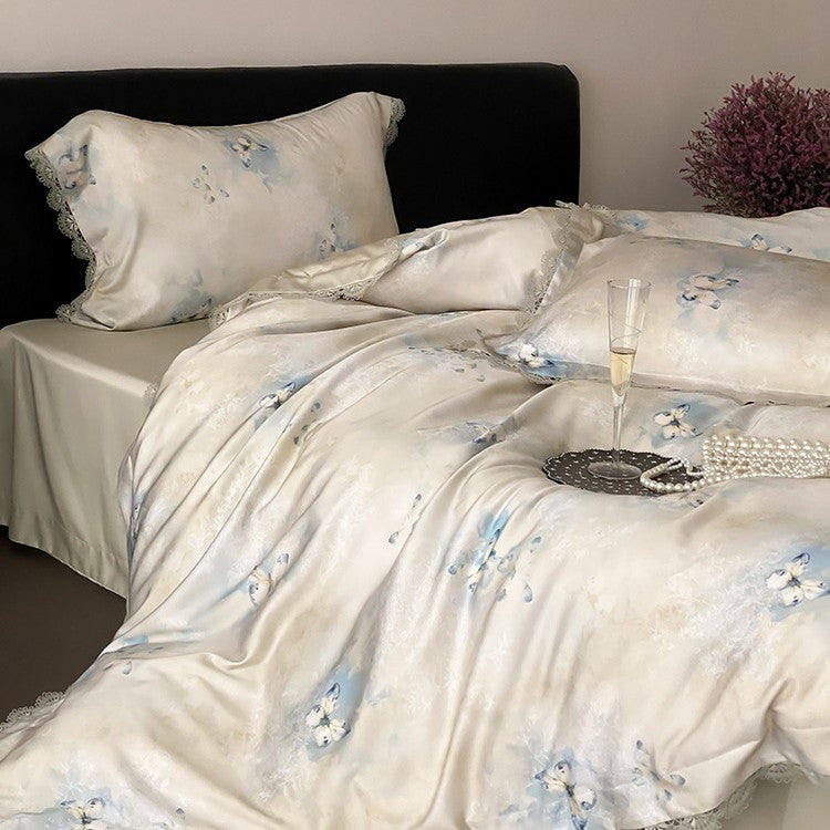 Premium bedding made of fine satin with watercolored floral design and lace edge