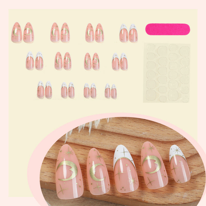 Artistic Press-On Nail Set with Geometric Moon and Star Designs kalsten