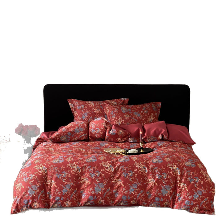 Premium cotton satin bedding set with floral jacquard pattern and reversible pillowcases