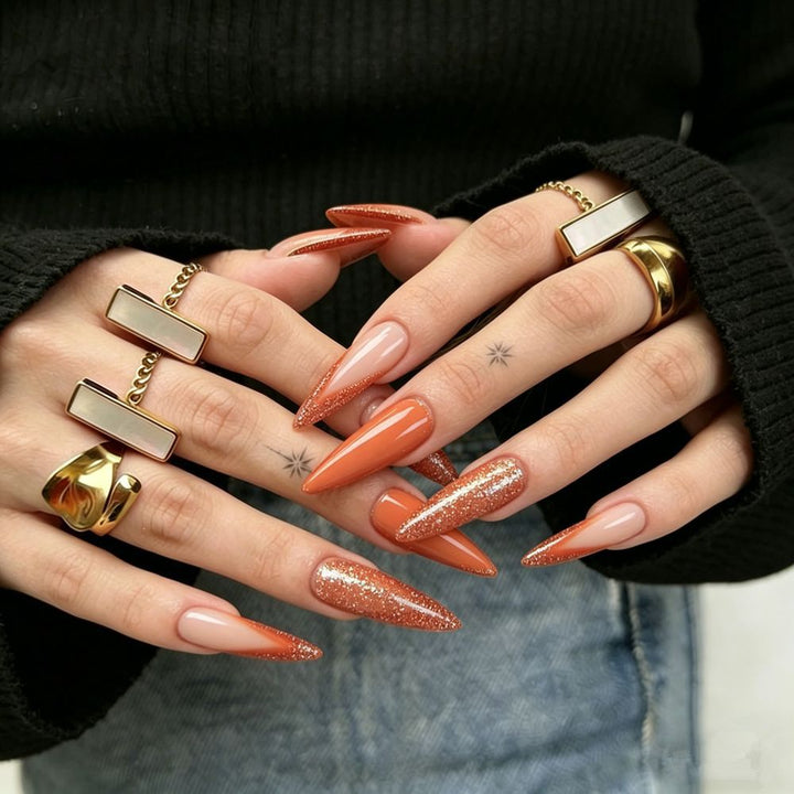 Stiletto-Style Press-On Nail Tips with Glitter Accents