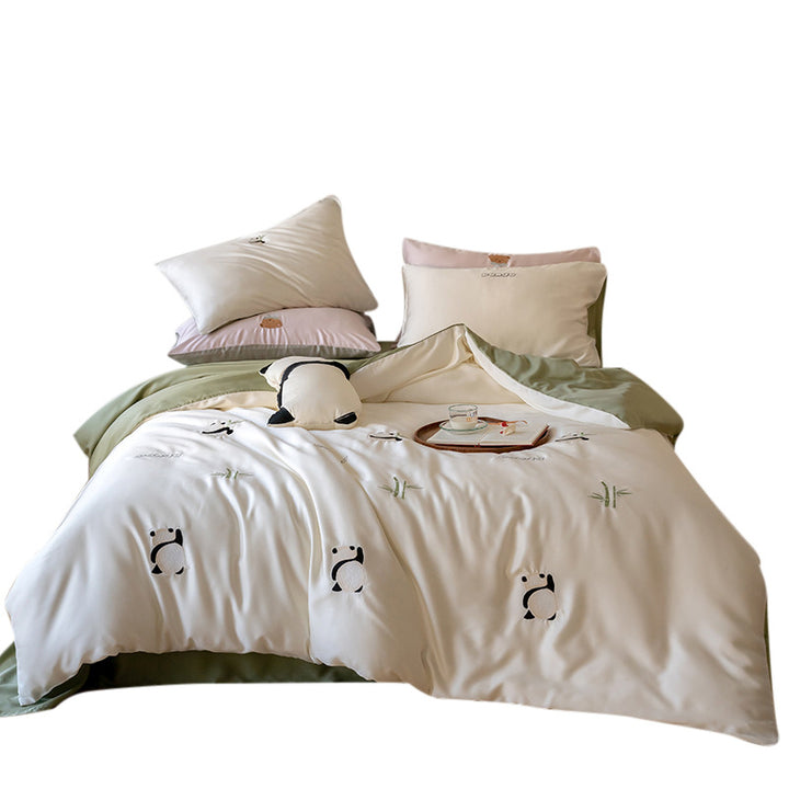 Bedding set with embroidered hot air balloon motifs and silky satin finish