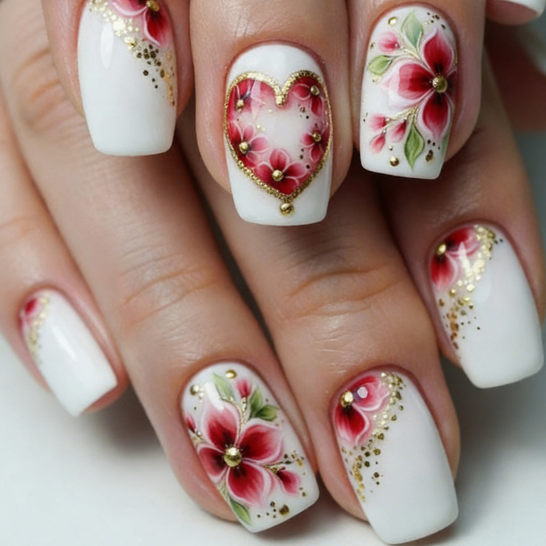 Artistic Floral Heart Acrylic Nail Art Kalsten