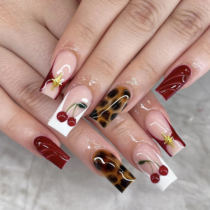 Artistic Cherry Accent Acrylic Nail Art Extensions Kalsten