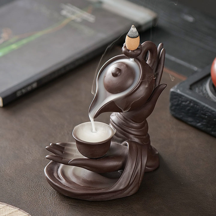Ceramic Backflow Incense Burner Teapot Pouring Into Cup Hand Sculpture