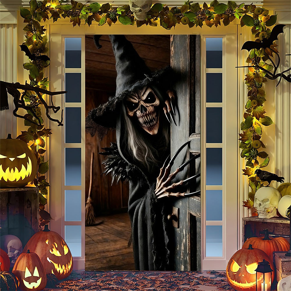 Halloween door poster with large-format Grim Reaper illustration and reusable PVC tarp fabric