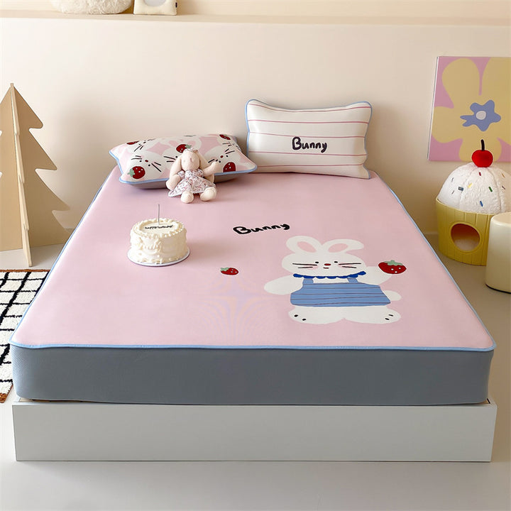 Children's mattress topper and fitted sheet set with non-slip corner fasteners and cute dog design