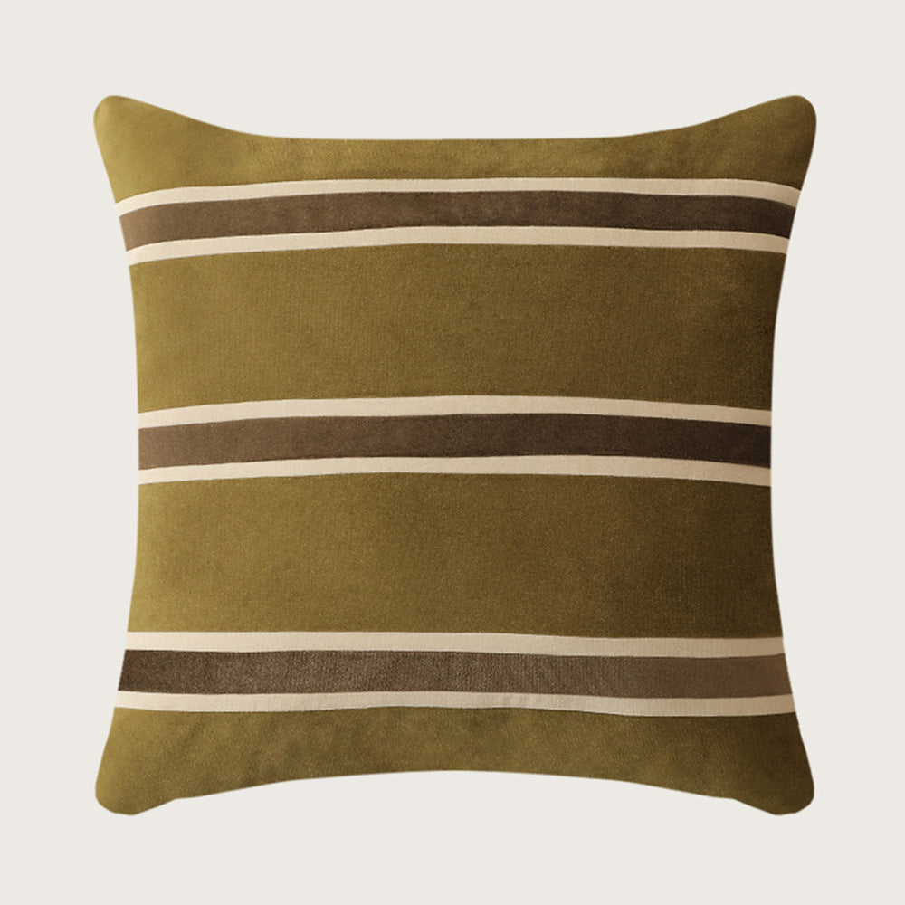 Square velvet decorative pillow with woven stripes and concealed zipper