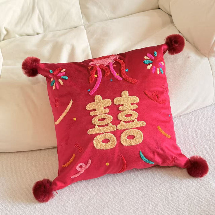 Hand-Tufted Double-Happiness Chenille Accent Cushion with Pom-Pom Corners