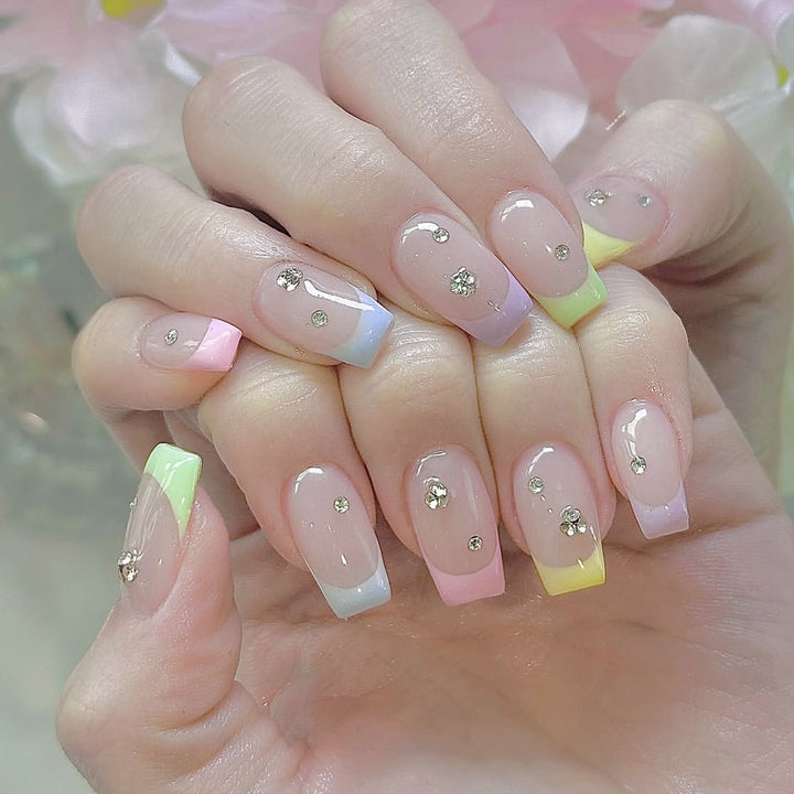 Elegant Pastel Gradient Nail Art Extensions with Rhinestone Accents Kalsten