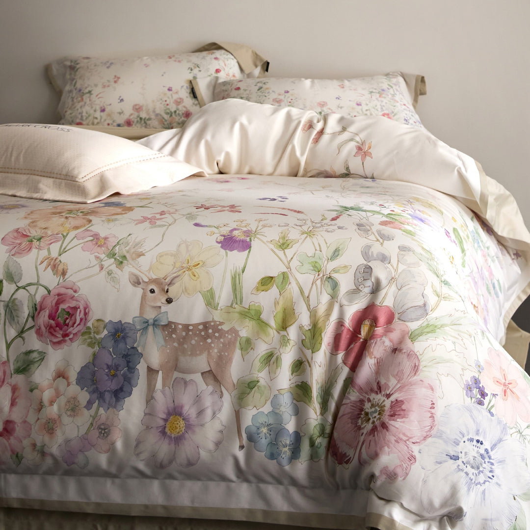 Luxurious satin bedding set with floral and berry design