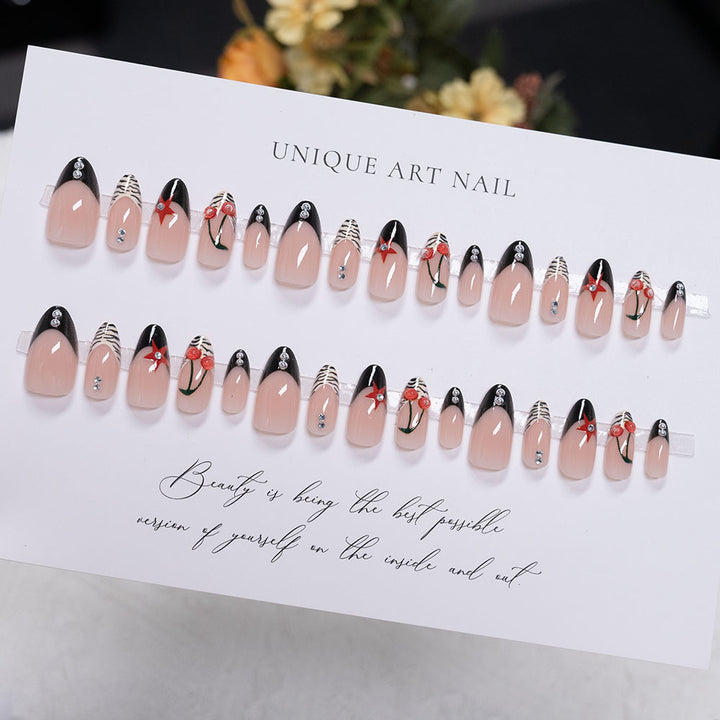 Artistic Press-On Nail Art Set with Cherry Design
