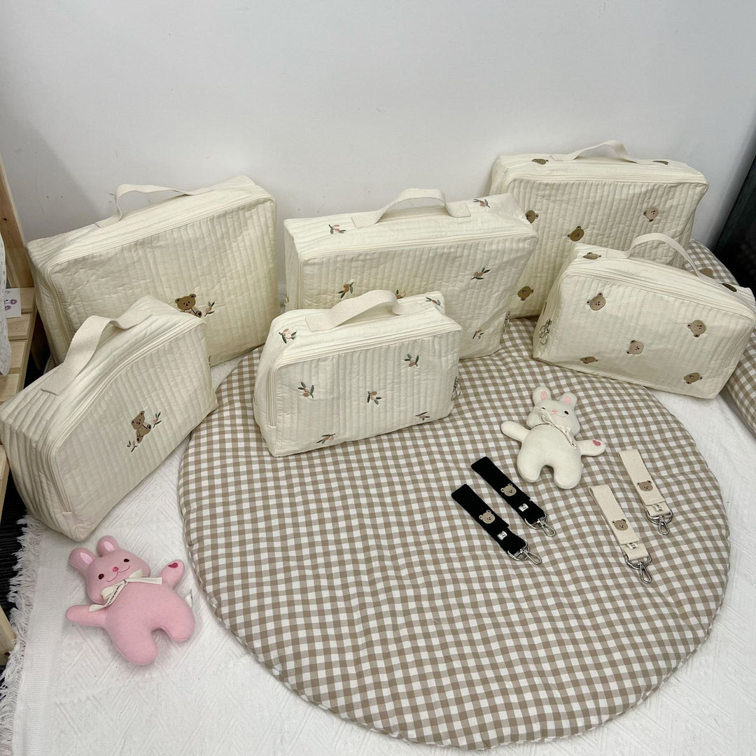 Quilted Portable Baby Mattress Carry Case with Handle and Embroidered Fruit Motif