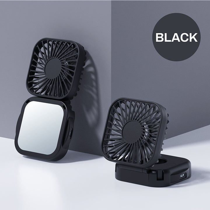 Unisex nan compact foldable clip on handheld desk fan with built in mirror adjustable tilt and USB rechargeable battery Kalsten