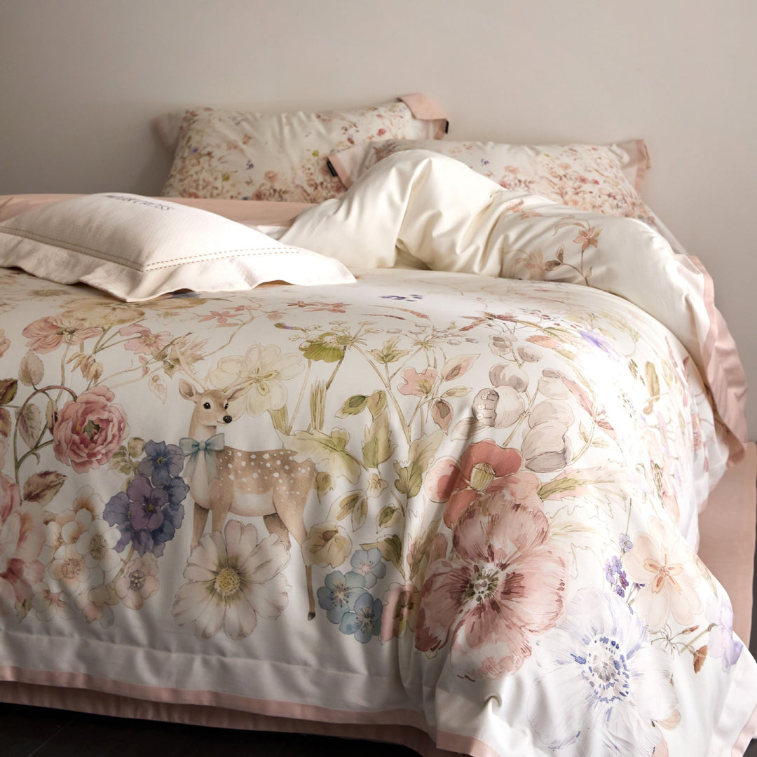 Luxurious satin bedding set with floral and berry design