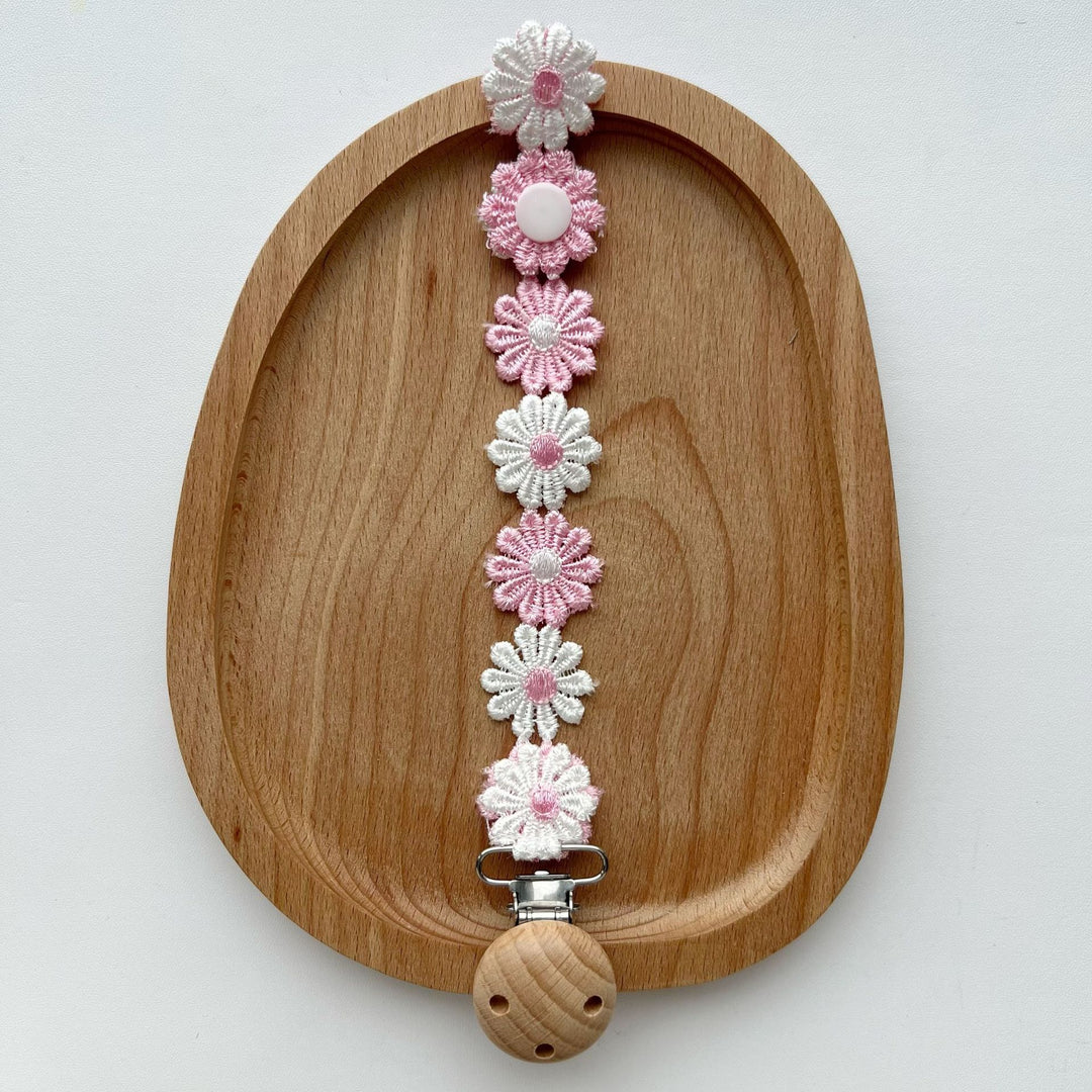 Handmade Crochet Daisy Pacifier Clip with Wooden Safety Clamp