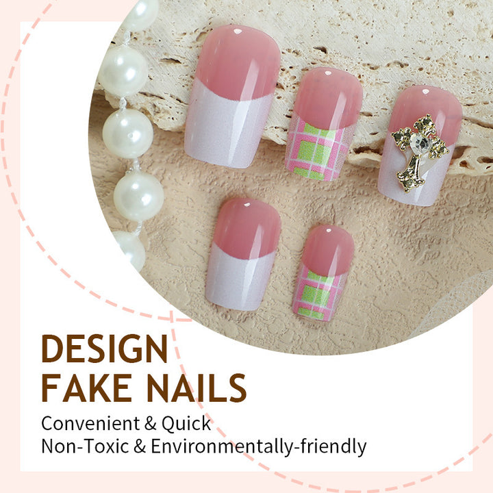 Elegant French Tip Press-On Nails with Decorative Accents