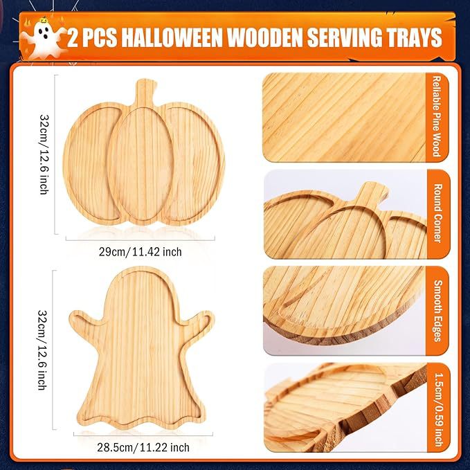 Halloween serving plates made of wood set with pumpkin and ghost shapes