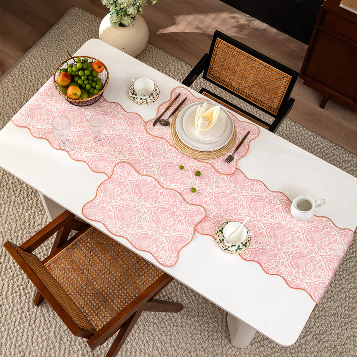 Damask-style table runner with curved wave edge and fine ornamental print Kalsten