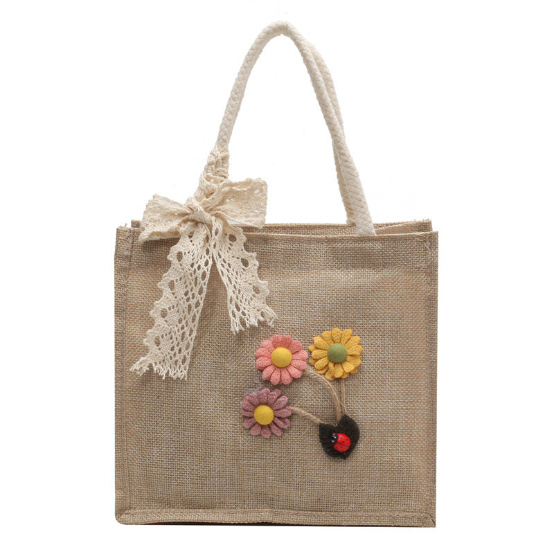 Floral Embellished Jute Handbag