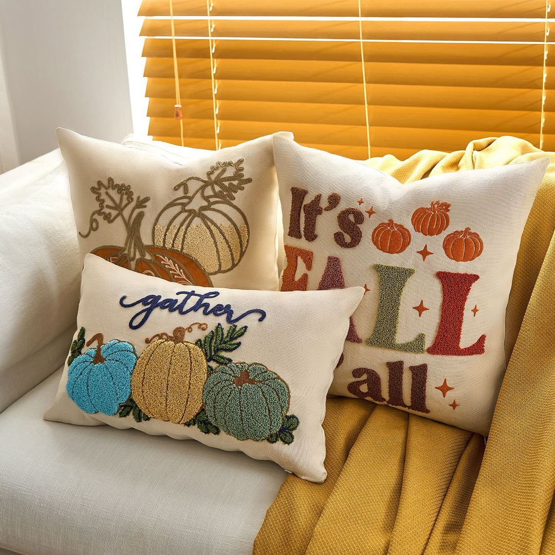 Embroidered Autumn Pumpkin Velvet Accent Pillow Cover