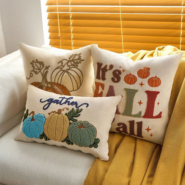 Embroidered Autumn Pumpkin Velvet Accent Pillow Cover