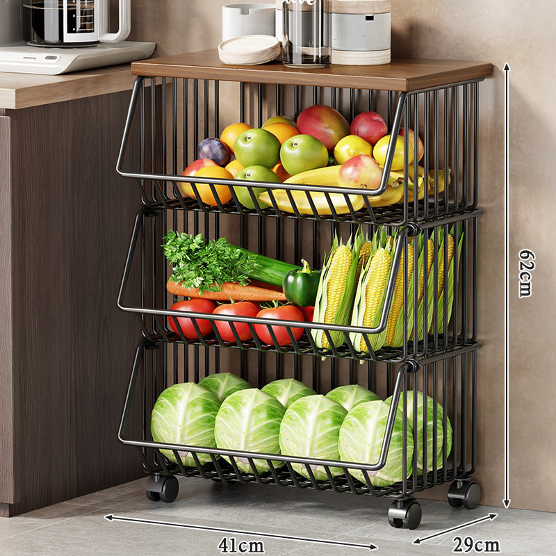Slim Vertical Rolling Wire Produce and Pantry Organizer Cart with Wood Top