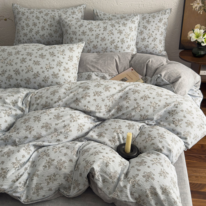 Floral Butterfly Duvet Cover Set With Brushed Cotton‑Blend Linen Texture And Corner Tie Pillowcase Ensemble