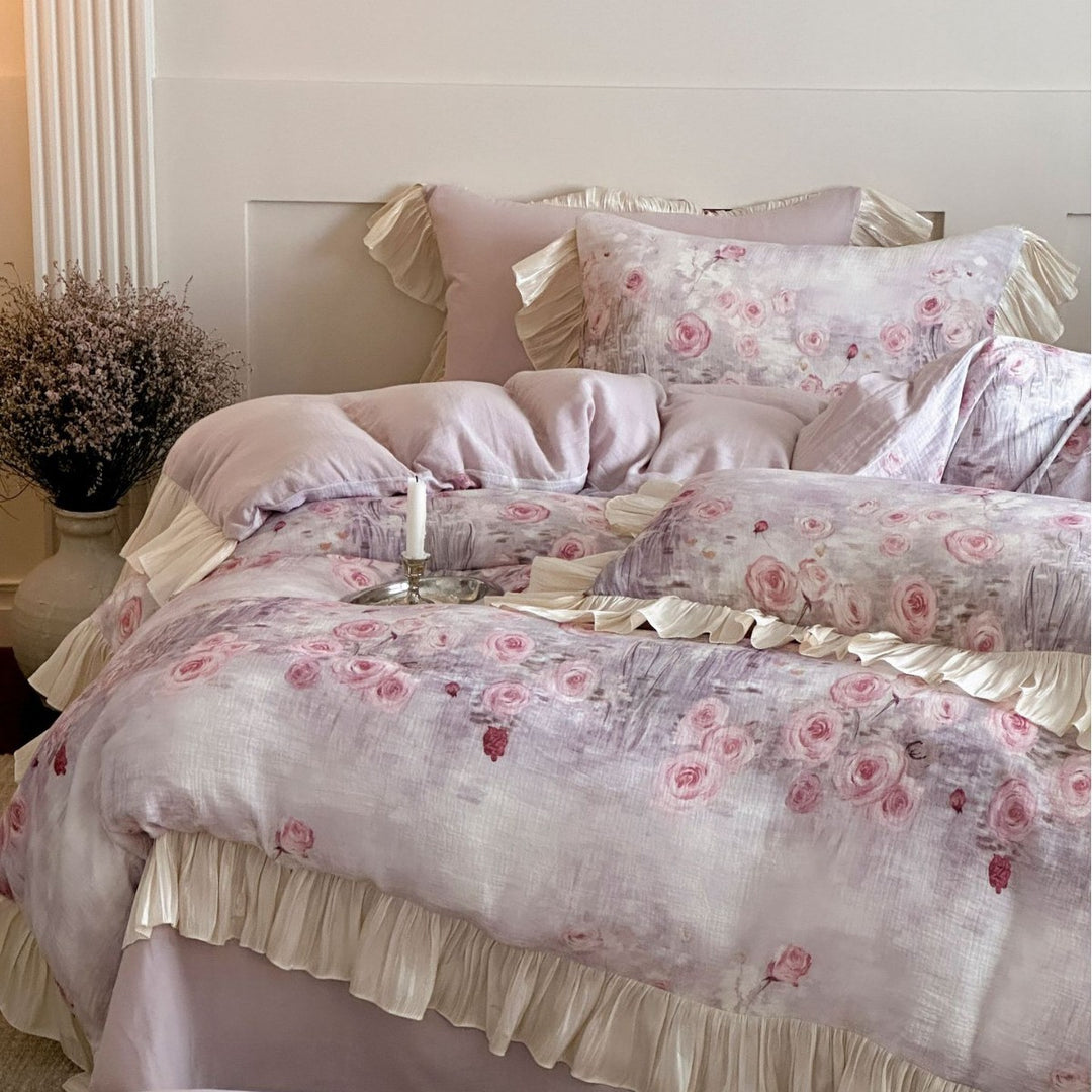 Romantic bedding set with floral watercolor look, ruffles and satin trim