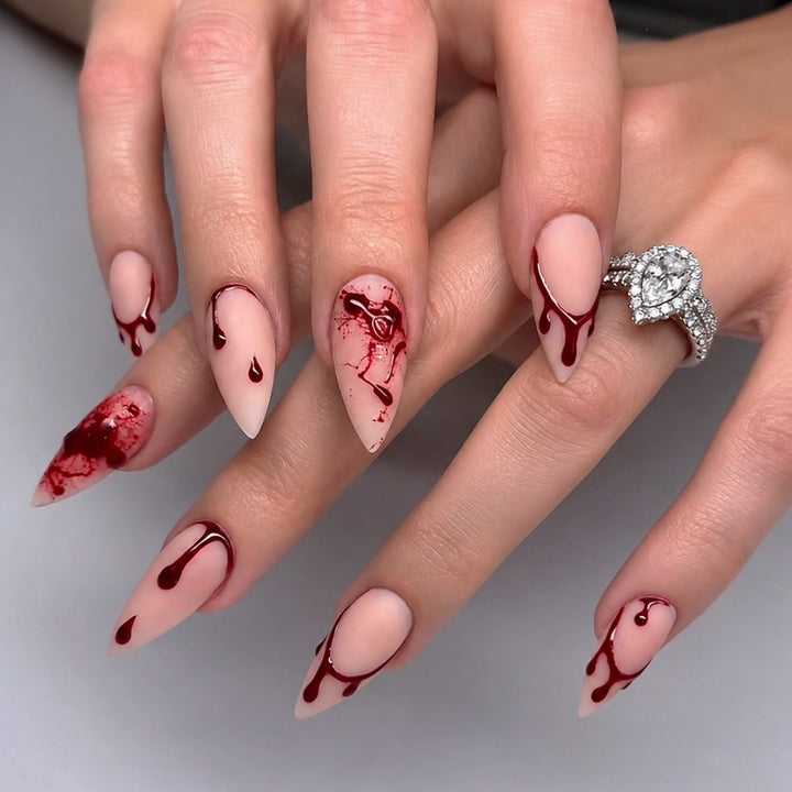 Artificial nail set with blood accents and creative designs Kalsten