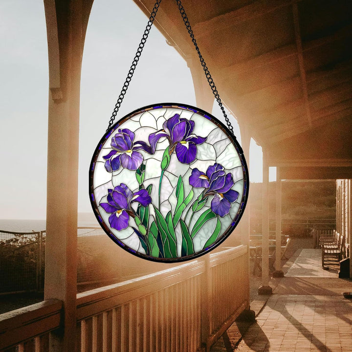 Round Stained Glass Suncatcher Window Panel With Purple Iris Tiffany-Style Leaded Art Glass