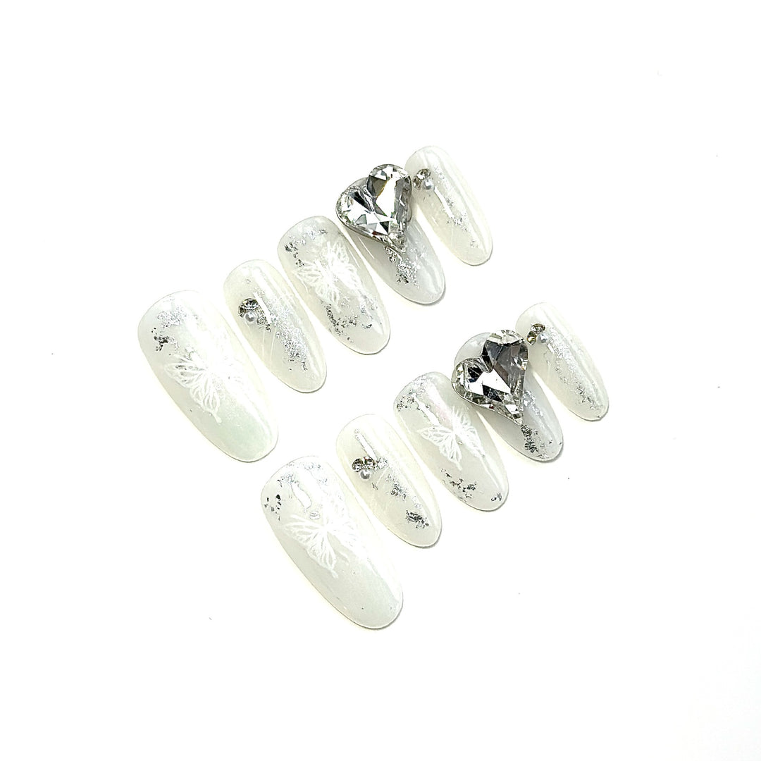 Artistic Press-On Nail Art Set with Butterfly Design and Gem Accents