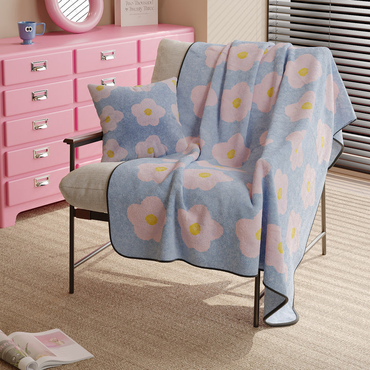 Plush Microfiber Reversible Throw Blanket and Decorative Pillow Cover Set with Oversized Flower Motif