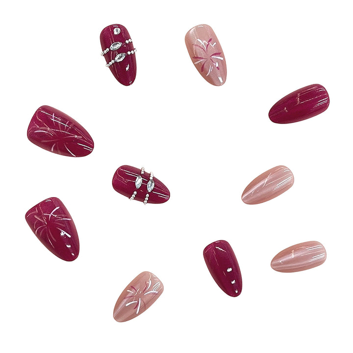 Artistic Press-On Nail Set with Floral Patterns and Gem Accents Kalsten