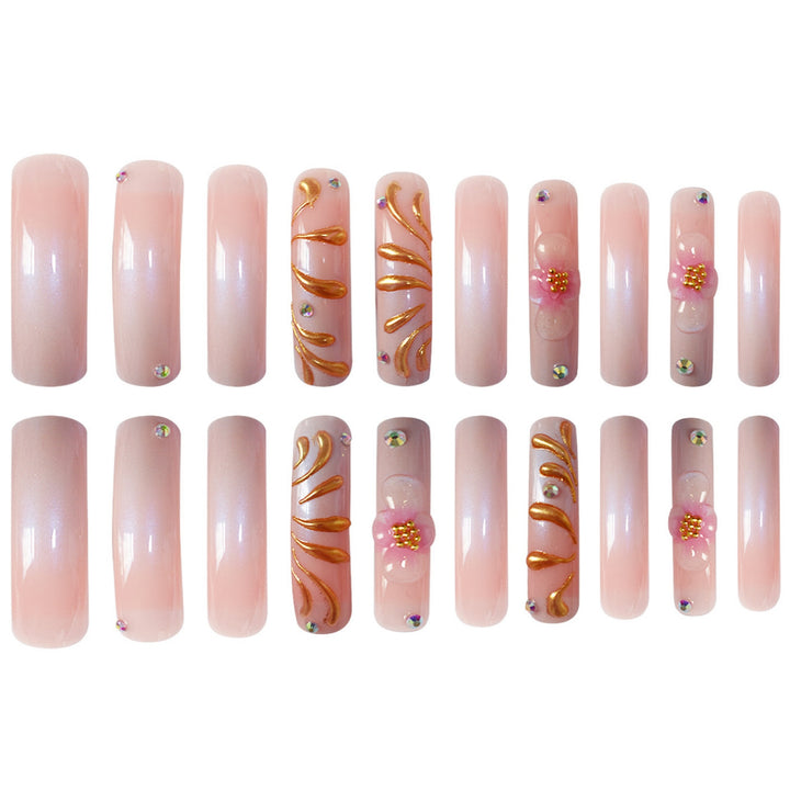 Glamorous 3D Floral Press-On Nails with Gold Accents Kalsten