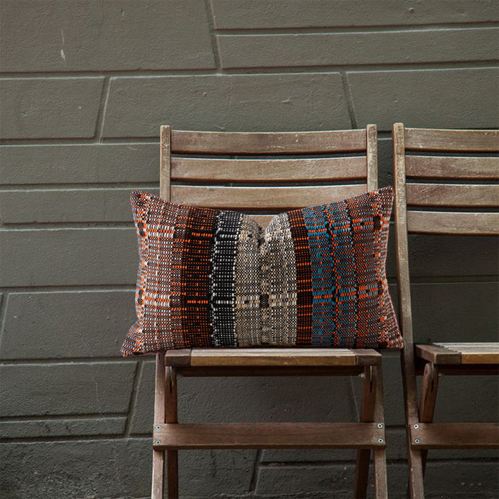 Square woven decorative pillow cover with textured block stripe weaving and concealed zipper