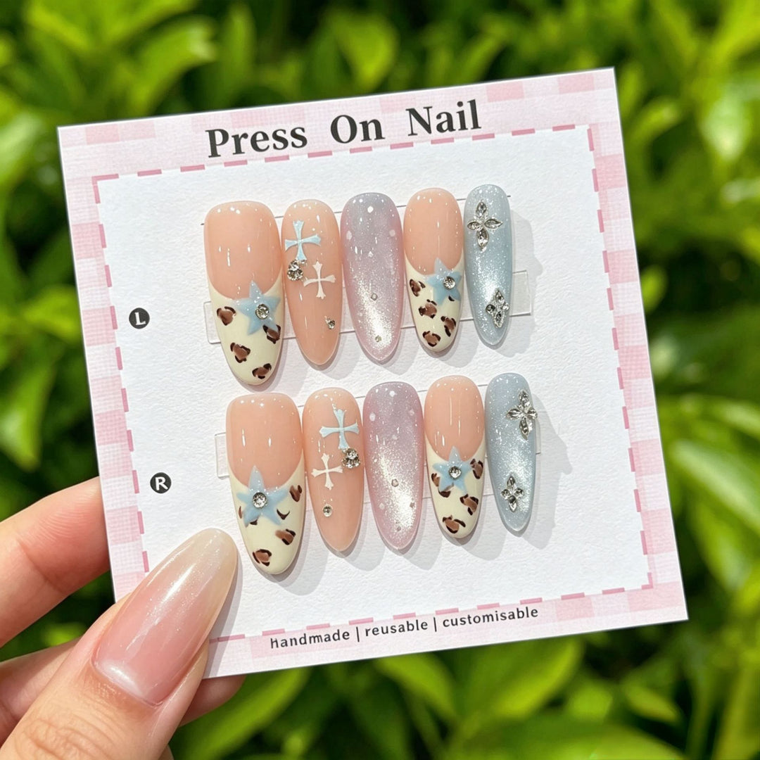 Artistic Press-On Nail Art Set with Cute Character and Bow Accents