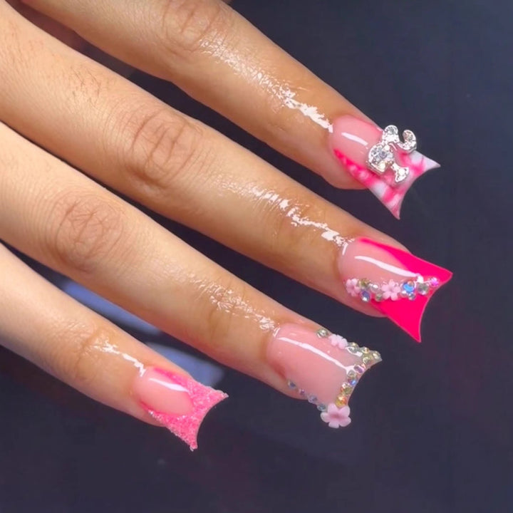 Decorative Floral and Rhinestone Acrylic Nail Extensions Kalsten