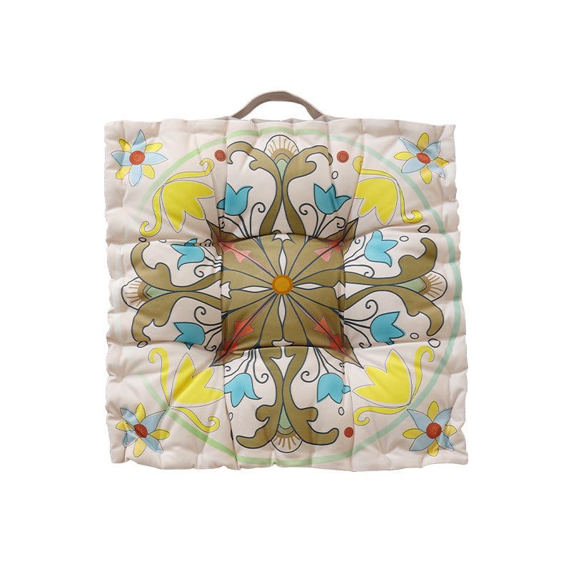 Round seat cushion with mandala print, thickly padded floor seating mat and carrying handle Kalsten