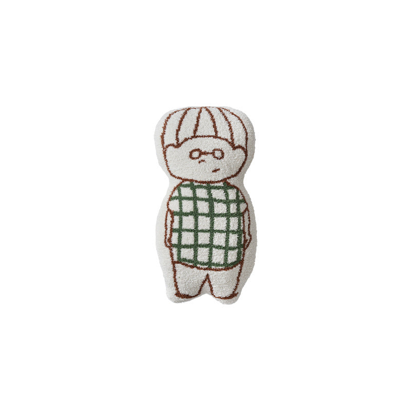 Doll-shaped decorative cushion with chenille texture and checkered embroidery