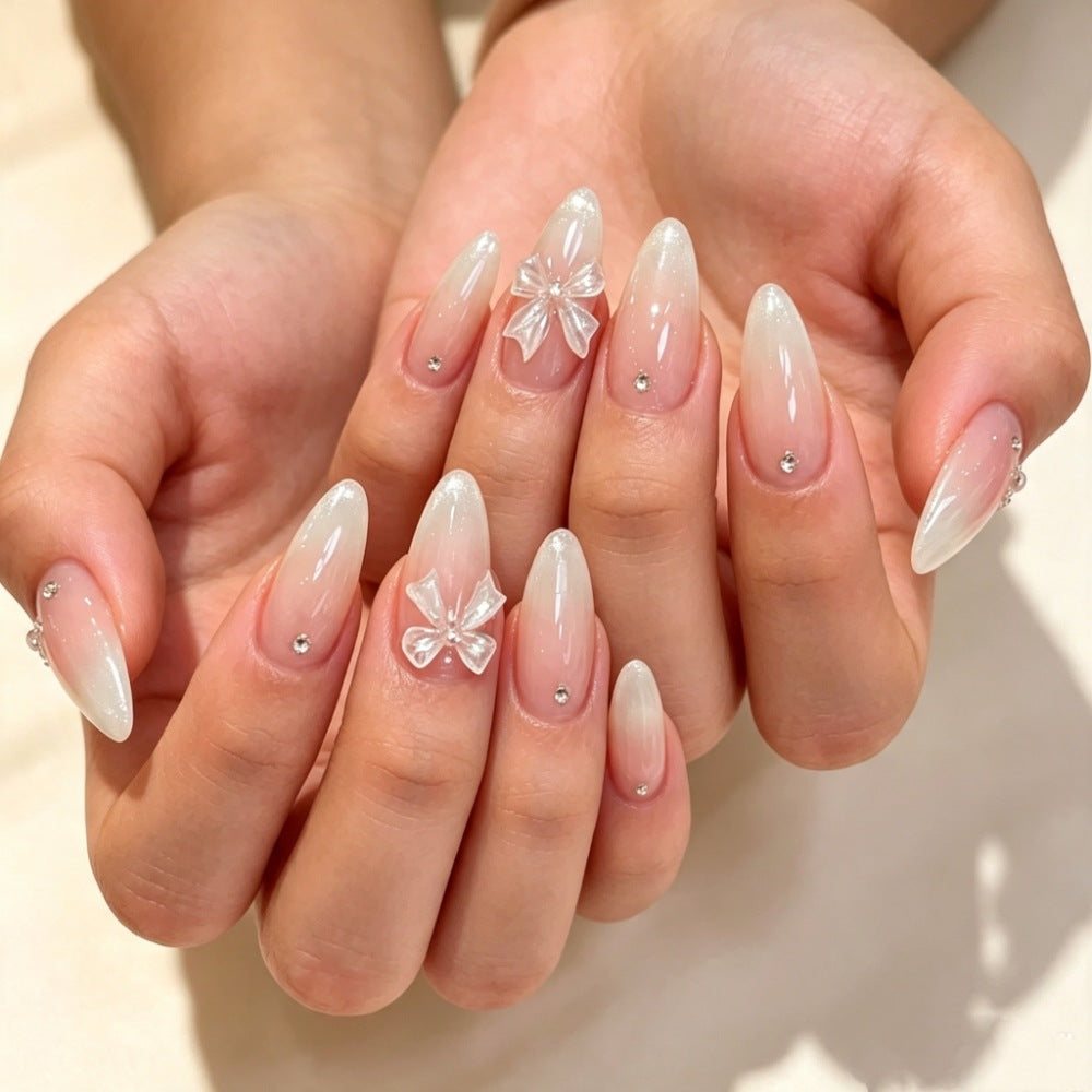 Elegant Press-On Nail Set with Decorative Bow and Gem Accents Kalsten