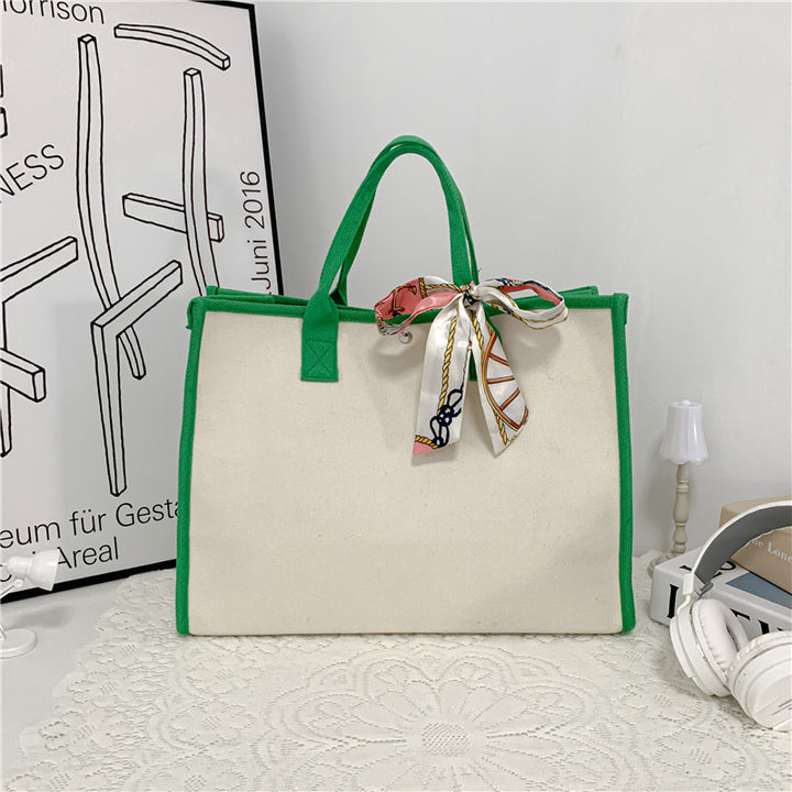 Spacious Canvas Tote Bag with Decorative Ribbon