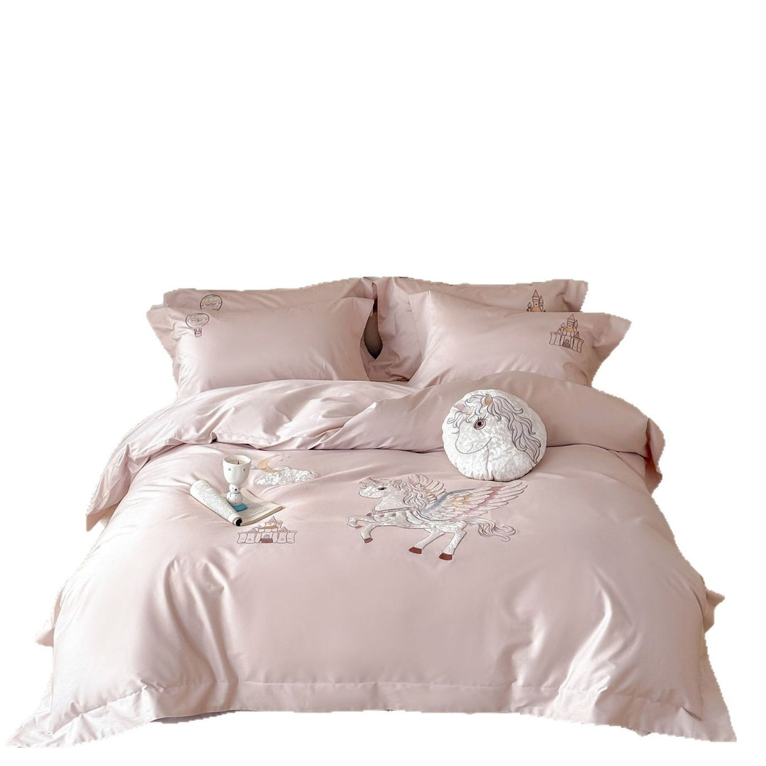 Luxurious satin bedding set with embroidered unicorn motif and fairy tale castle application