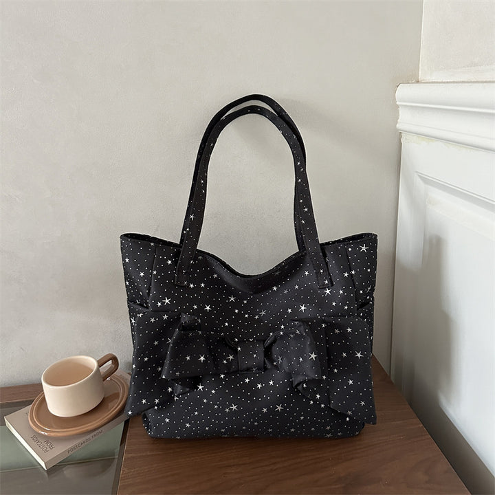 Bow-Embellished Star-Pattern Tote Bag