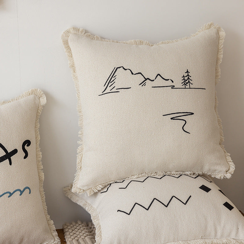 Decorative Embroidered Fish & Waves Fringe Throw Pillow with Linen-Blend Cover