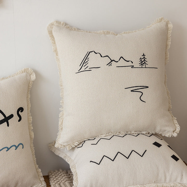 Decorative Embroidered Fish & Waves Fringe Throw Pillow with Linen-Blend Cover