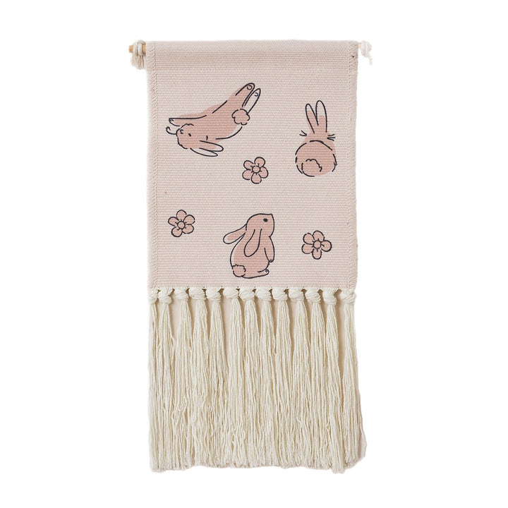 Woven wall hanging with hand-knotted fringes and bunny motif