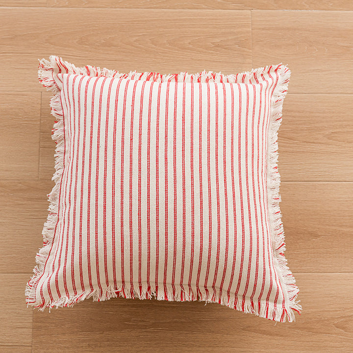Striped Coastal-Inspired Cotton Square Pillow Cover with Fringed Edge and Concealed Zip