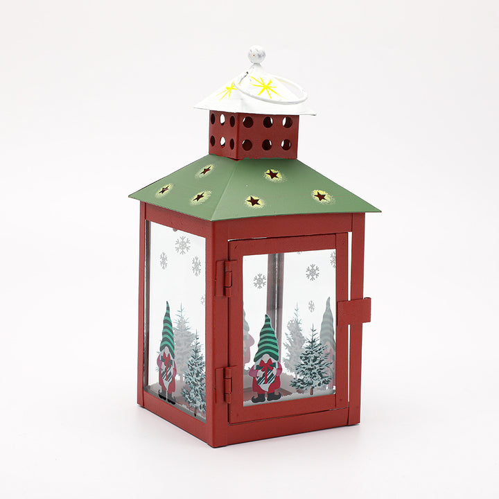 Decorative Holiday Gnome Lantern with Star-Cut Roof and Glass Panel Candle Holder Kalsten