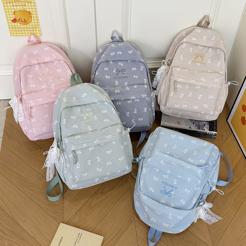 Charming Bow-Embellished Gingham Patterned Backpack Kalsten