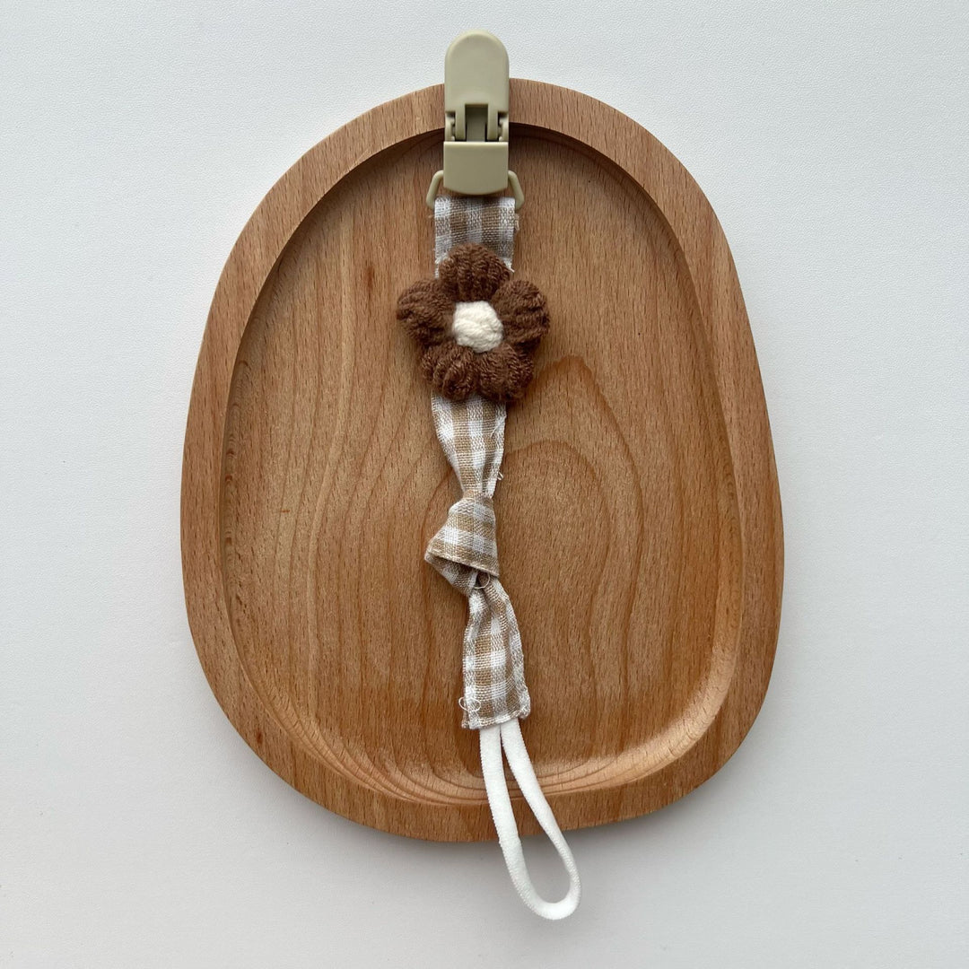 Pacifier and Teether Clip with Wooden Safety Clip and Crochet Flower